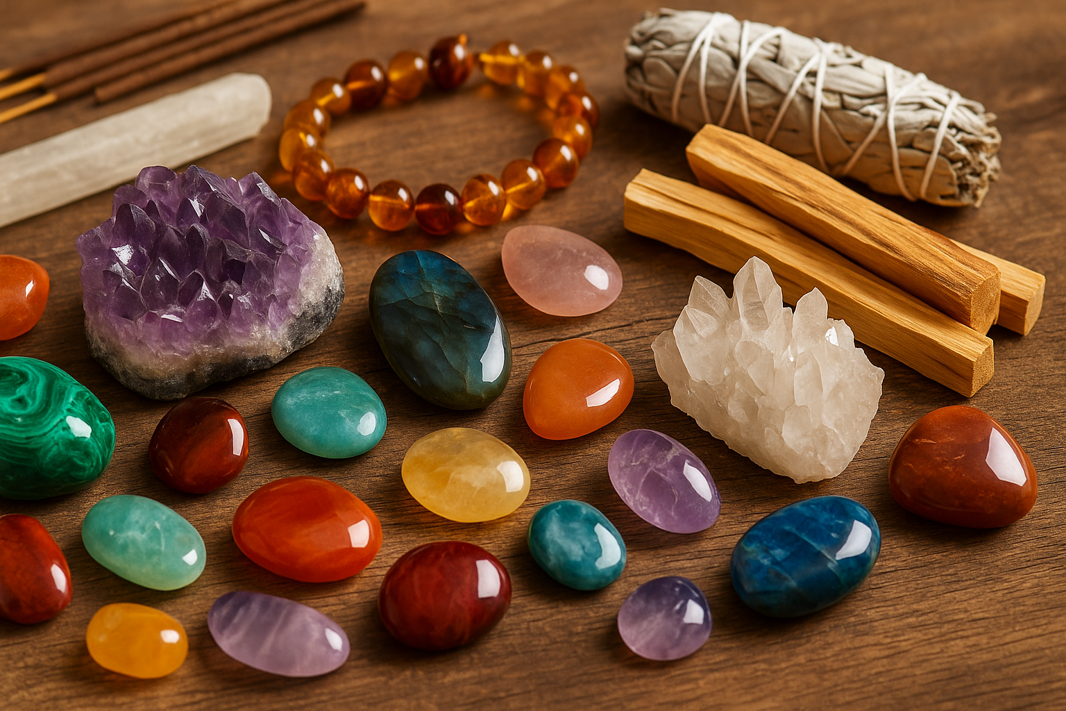 Pedras semipreciosas variadas, cristais e itens espirituais